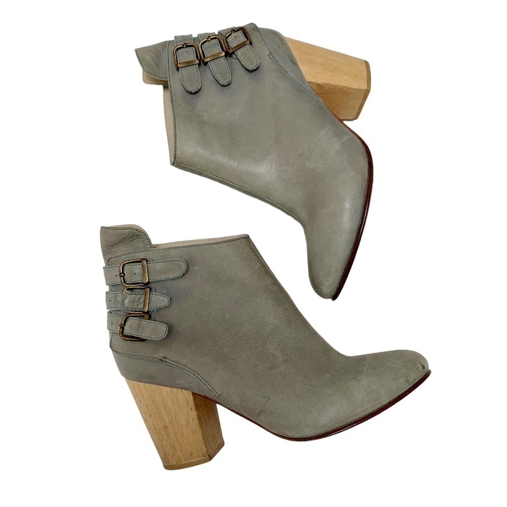 Fortress of Inca Leather Booties Size 6 Ankle Boots Heel Buckles Gray Green